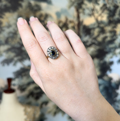Antique Sapphire & Diamond Halo Ring in 18K Gold