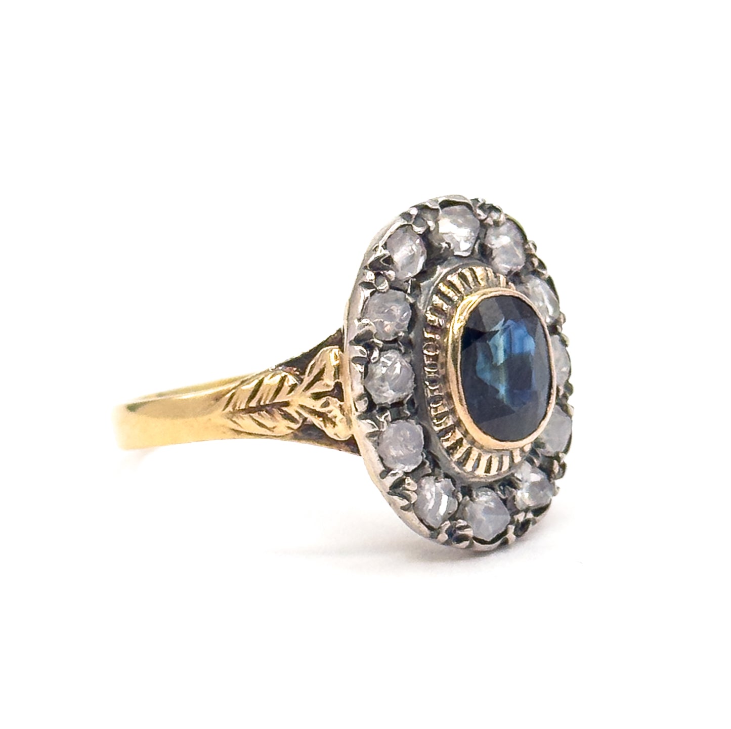 Antique Sapphire & Diamond Halo Ring in 18K Gold