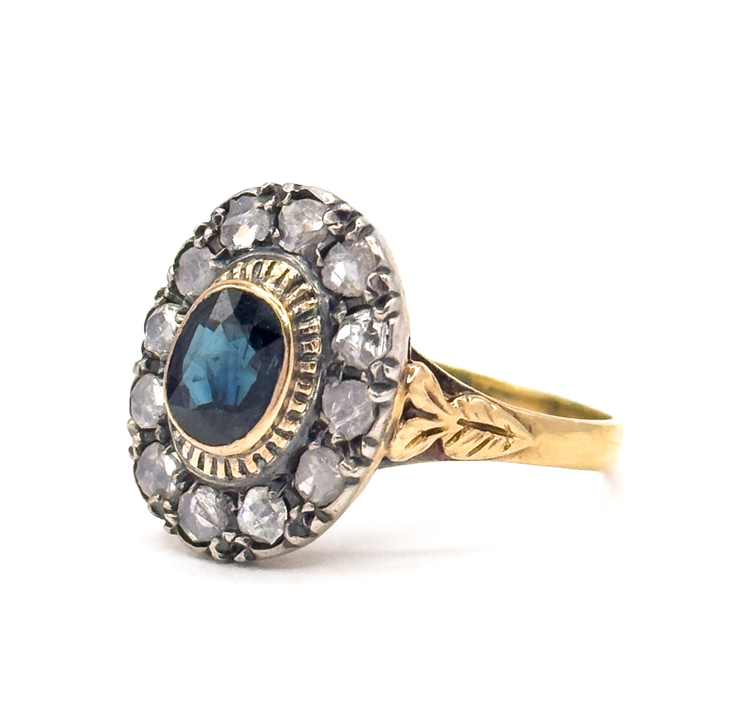 Antique Sapphire & Diamond Halo Ring in 18K Gold