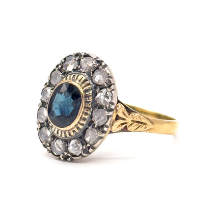 Antique Sapphire & Diamond Halo Ring in 18K Gold