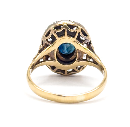 Antique Sapphire & Diamond Halo Ring in 18K Gold