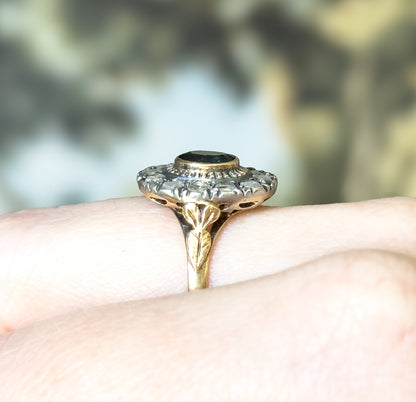 Antique Sapphire & Diamond Halo Ring in 18K Gold