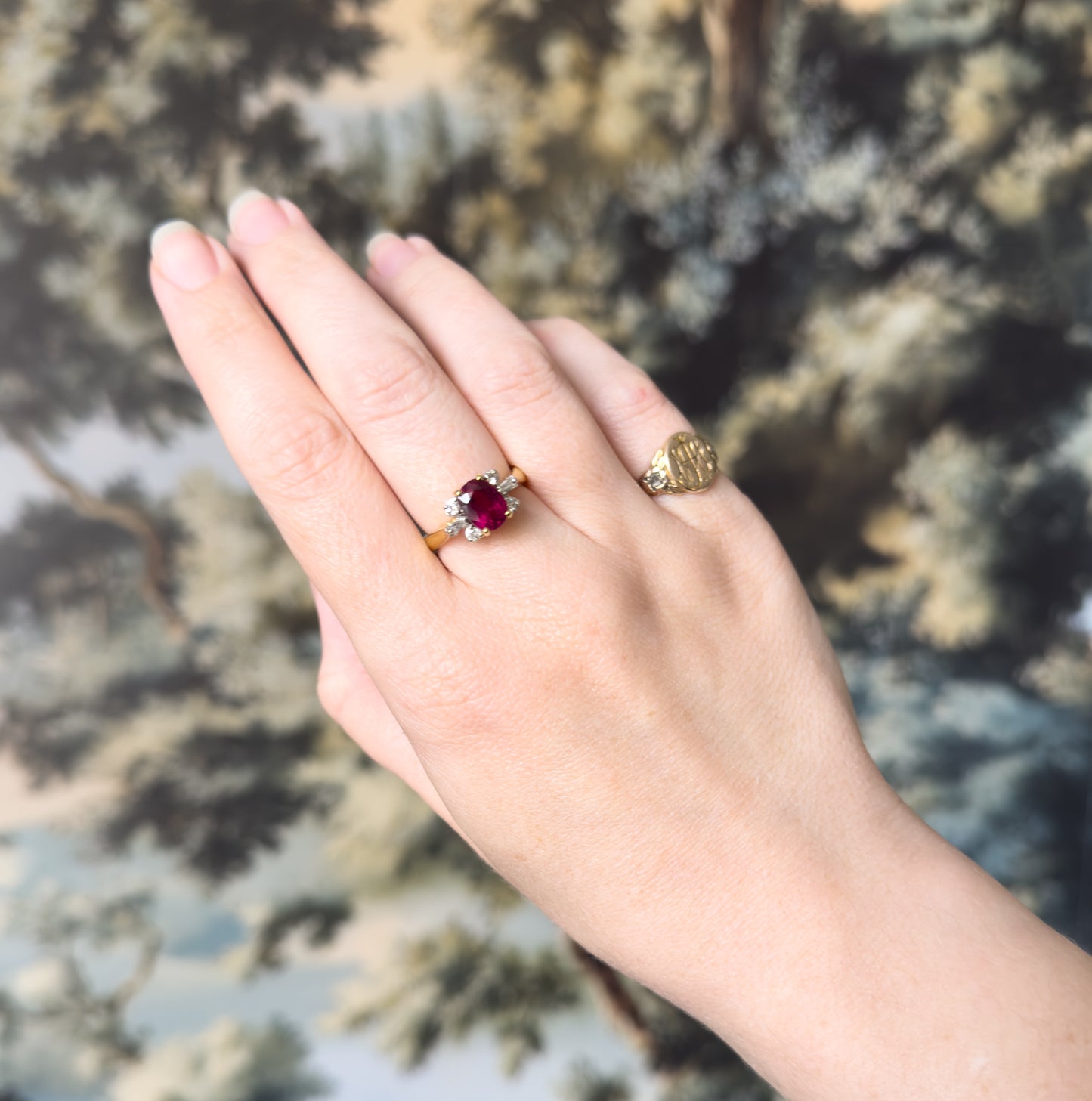 Contemporary Rubellite Tourmaline & Diamond Ring in 18K Yellow Gold