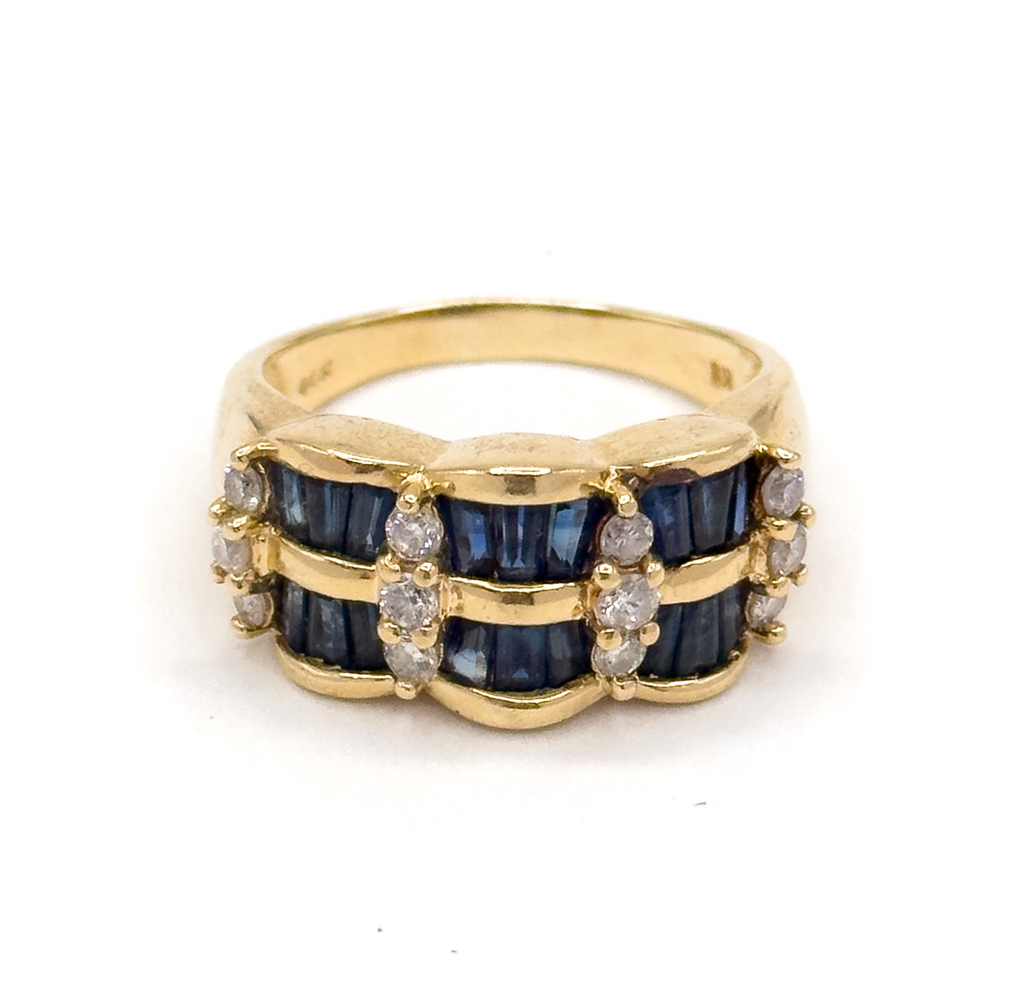 Vintage Baguette Sapphire & Diamond Scalloped Ring in 14K Gold