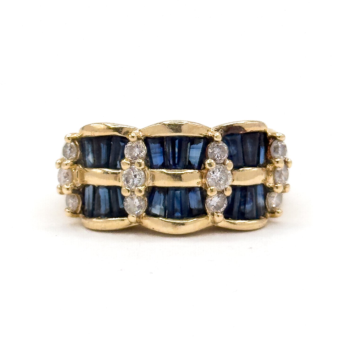 Vintage Baguette Sapphire & Diamond Scalloped Ring in 14K Gold