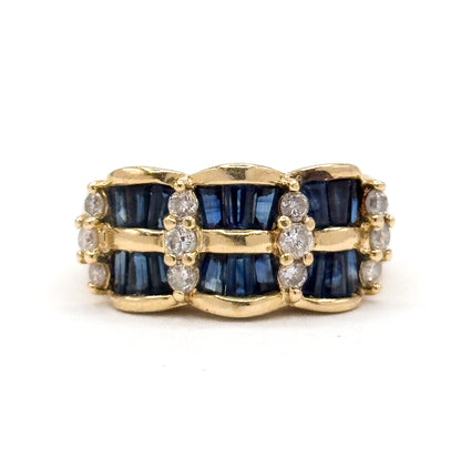 Vintage Baguette Sapphire & Diamond Scalloped Ring in 14K Gold