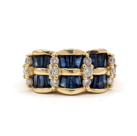 Vintage Baguette Sapphire & Diamond Scalloped Ring in 14K Gold