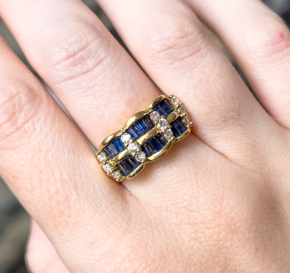 Vintage Baguette Sapphire & Diamond Scalloped Ring in 14K Gold