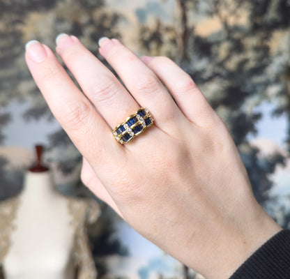 Vintage Baguette Sapphire & Diamond Scalloped Ring in 14K Gold