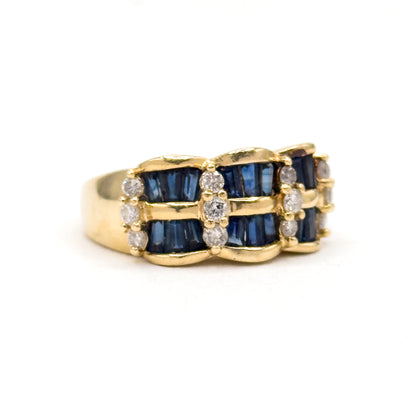 Vintage Baguette Sapphire & Diamond Scalloped Ring in 14K Gold