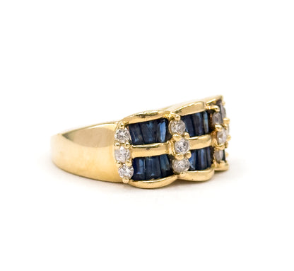 Vintage Baguette Sapphire & Diamond Scalloped Ring in 14K Gold
