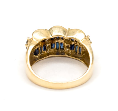 Vintage Baguette Sapphire & Diamond Scalloped Ring in 14K Gold