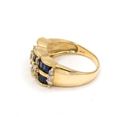 Vintage Baguette Sapphire & Diamond Scalloped Ring in 14K Gold