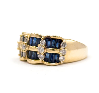Vintage Baguette Sapphire & Diamond Scalloped Ring in 14K Gold