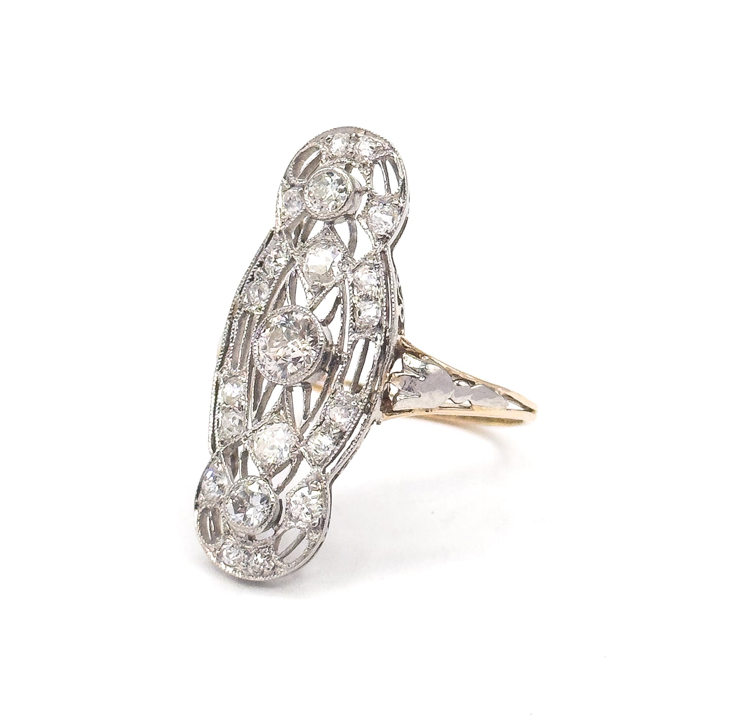Edwardian Diamond Filigree Shield Ring in Platinum & Gold