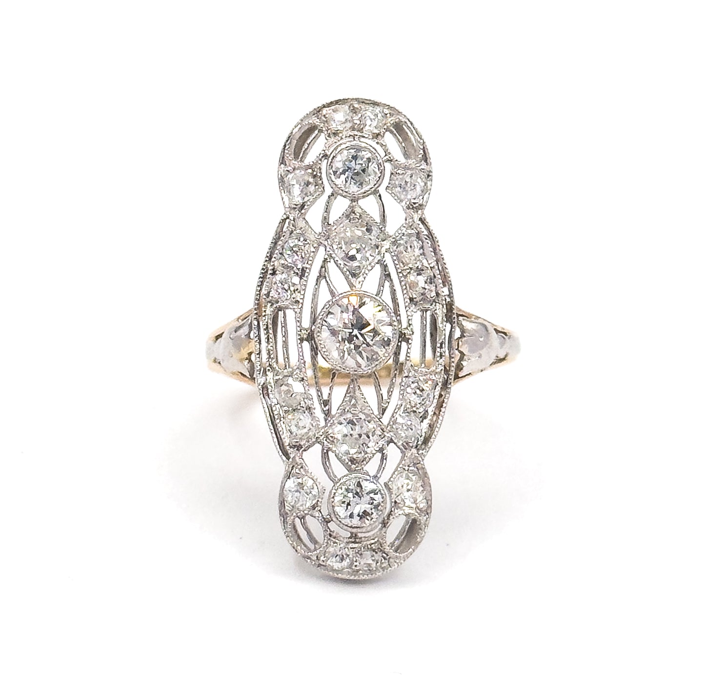 Edwardian Diamond Filigree Shield Ring in Platinum & Gold