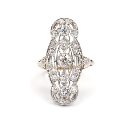 Edwardian Diamond Filigree Shield Ring in Platinum & Gold