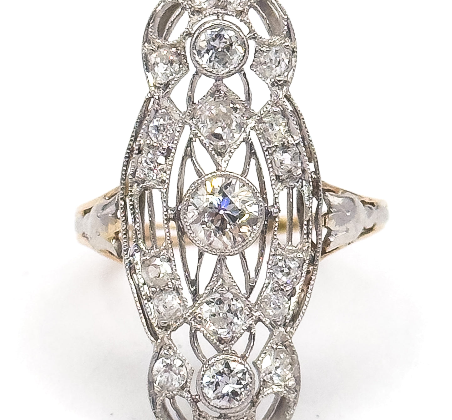 Edwardian Diamond Filigree Shield Ring in Platinum & Gold