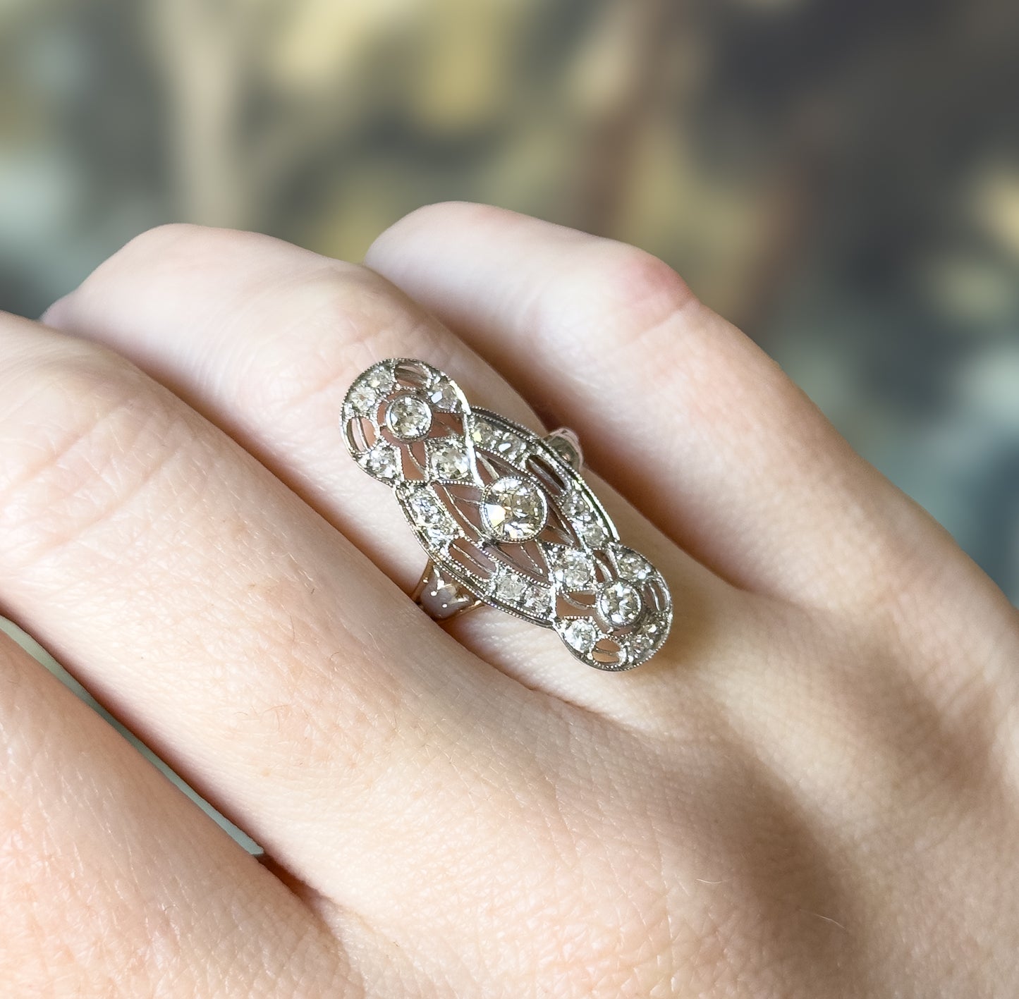 Edwardian Diamond Filigree Shield Ring in Platinum & Gold