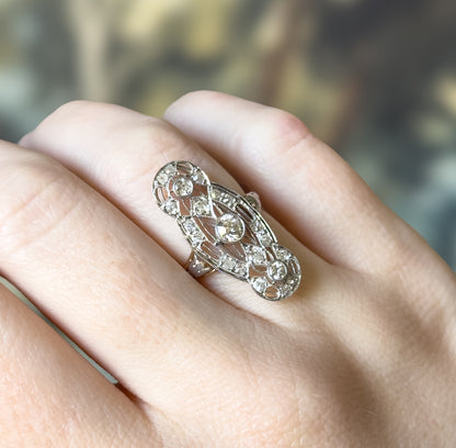 Edwardian Diamond Filigree Shield Ring in Platinum & Gold