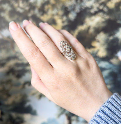 Edwardian Diamond Filigree Shield Ring in Platinum & Gold