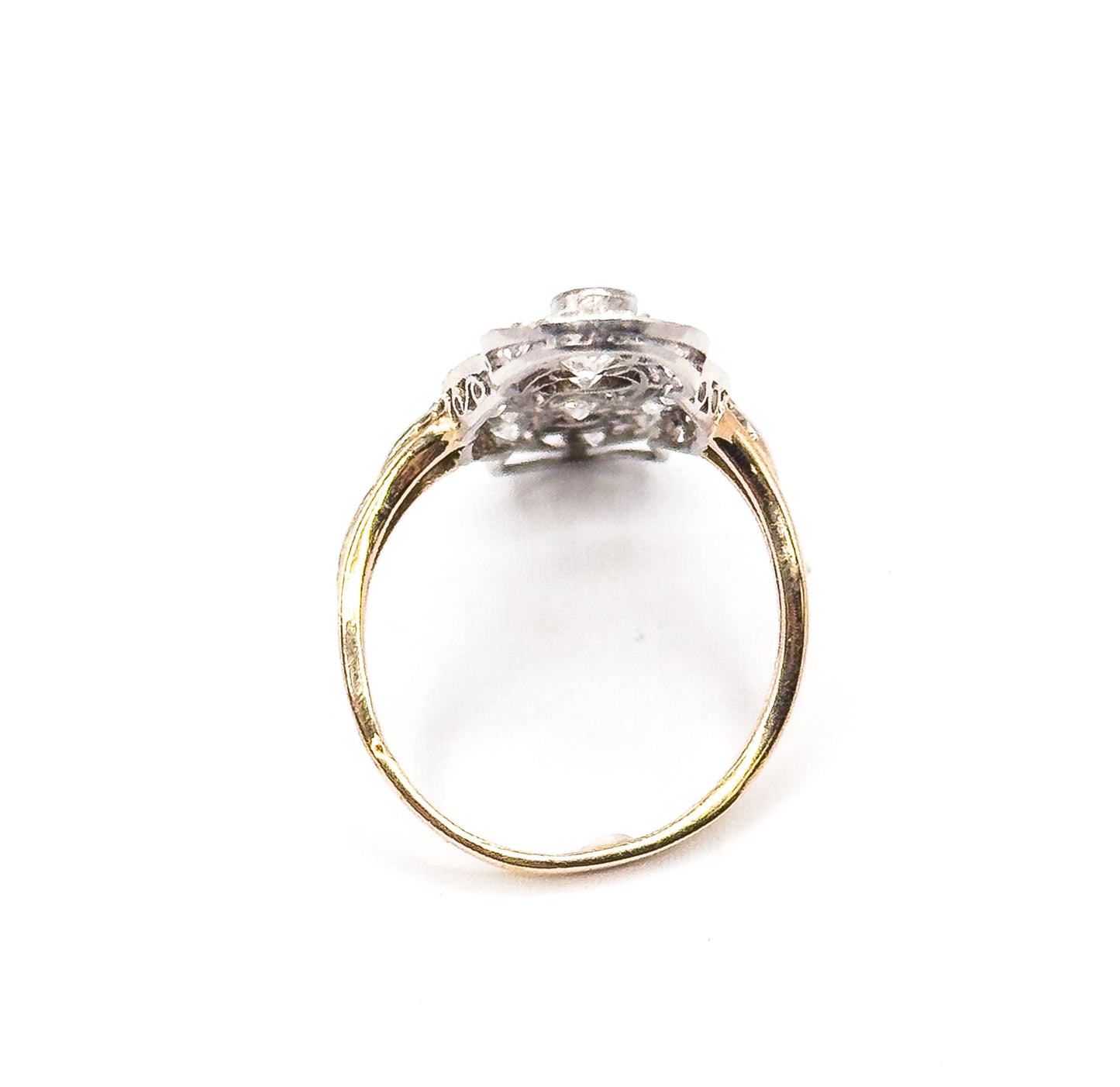 Edwardian Diamond Filigree Shield Ring in Platinum & Gold