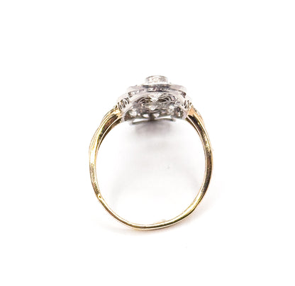 Edwardian Diamond Filigree Shield Ring in Platinum & Gold