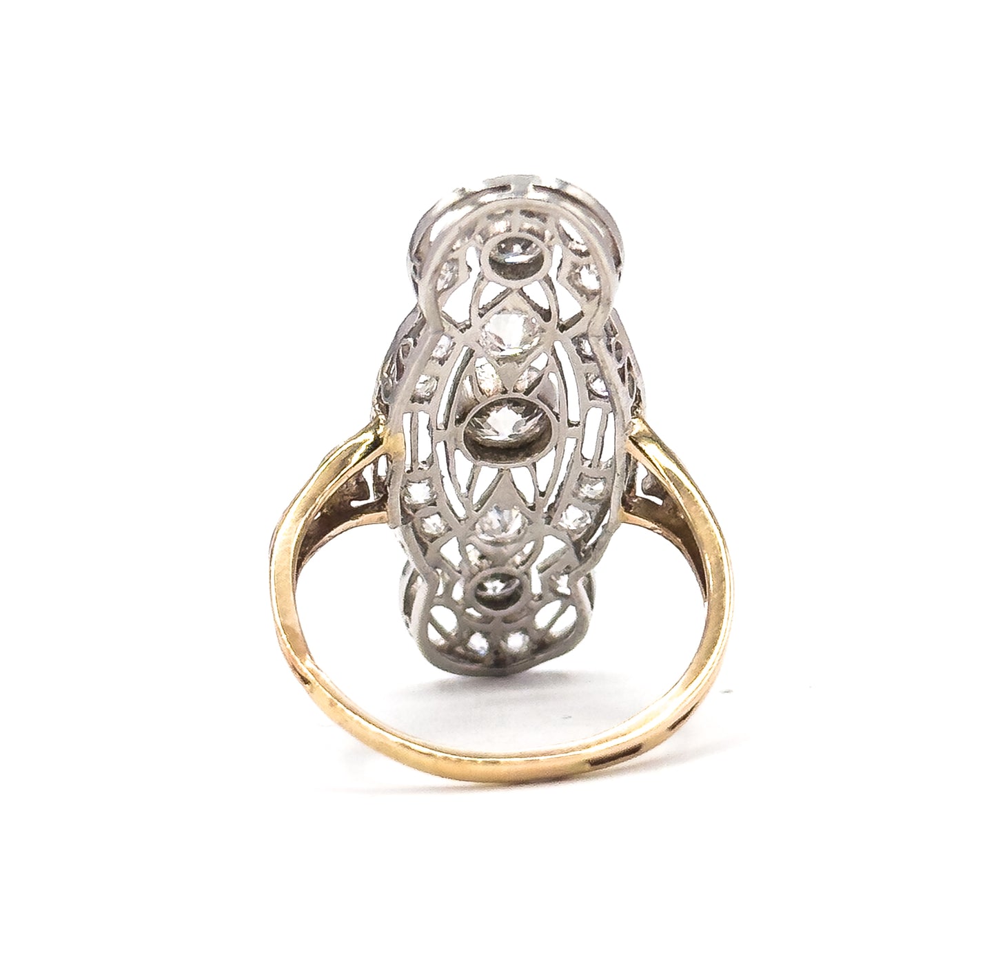 Edwardian Diamond Filigree Shield Ring in Platinum & Gold