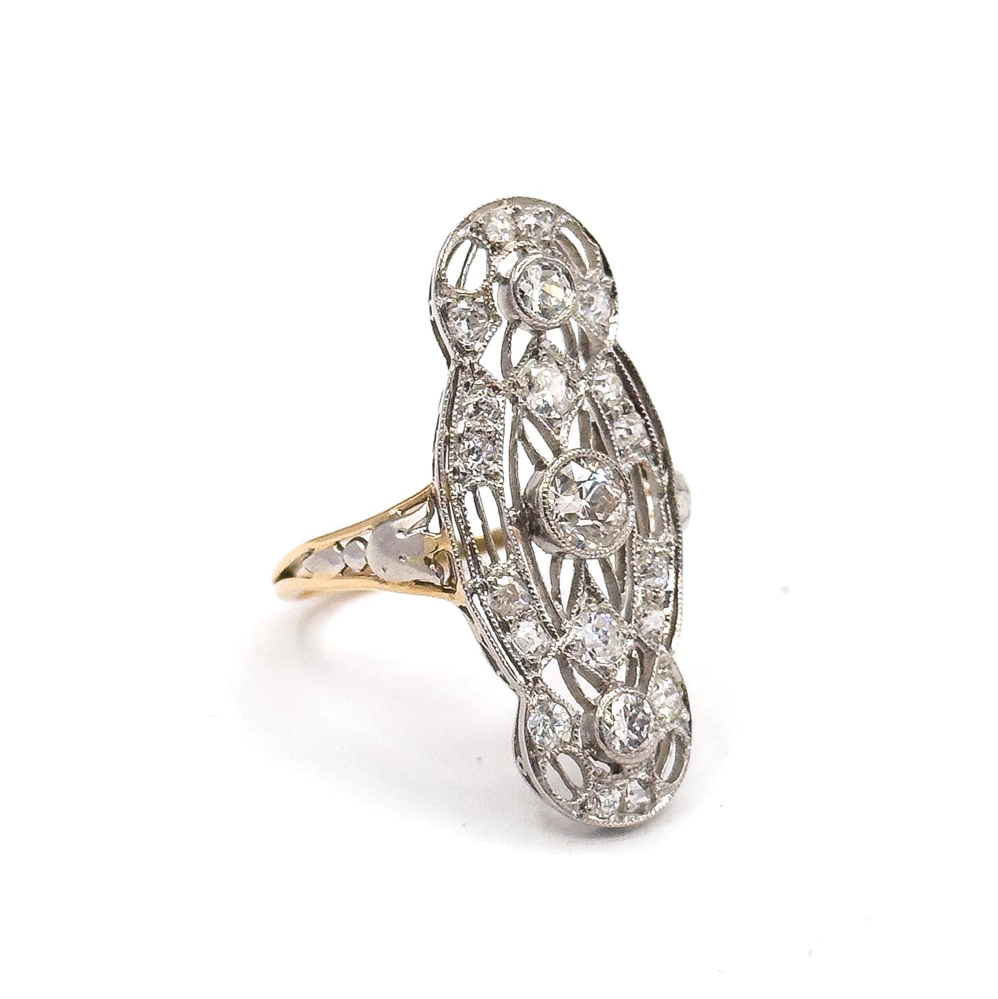 Edwardian Diamond Filigree Shield Ring in Platinum & Gold