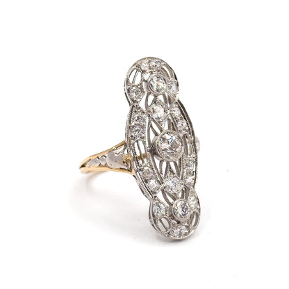 Edwardian Diamond Filigree Shield Ring in Platinum & Gold