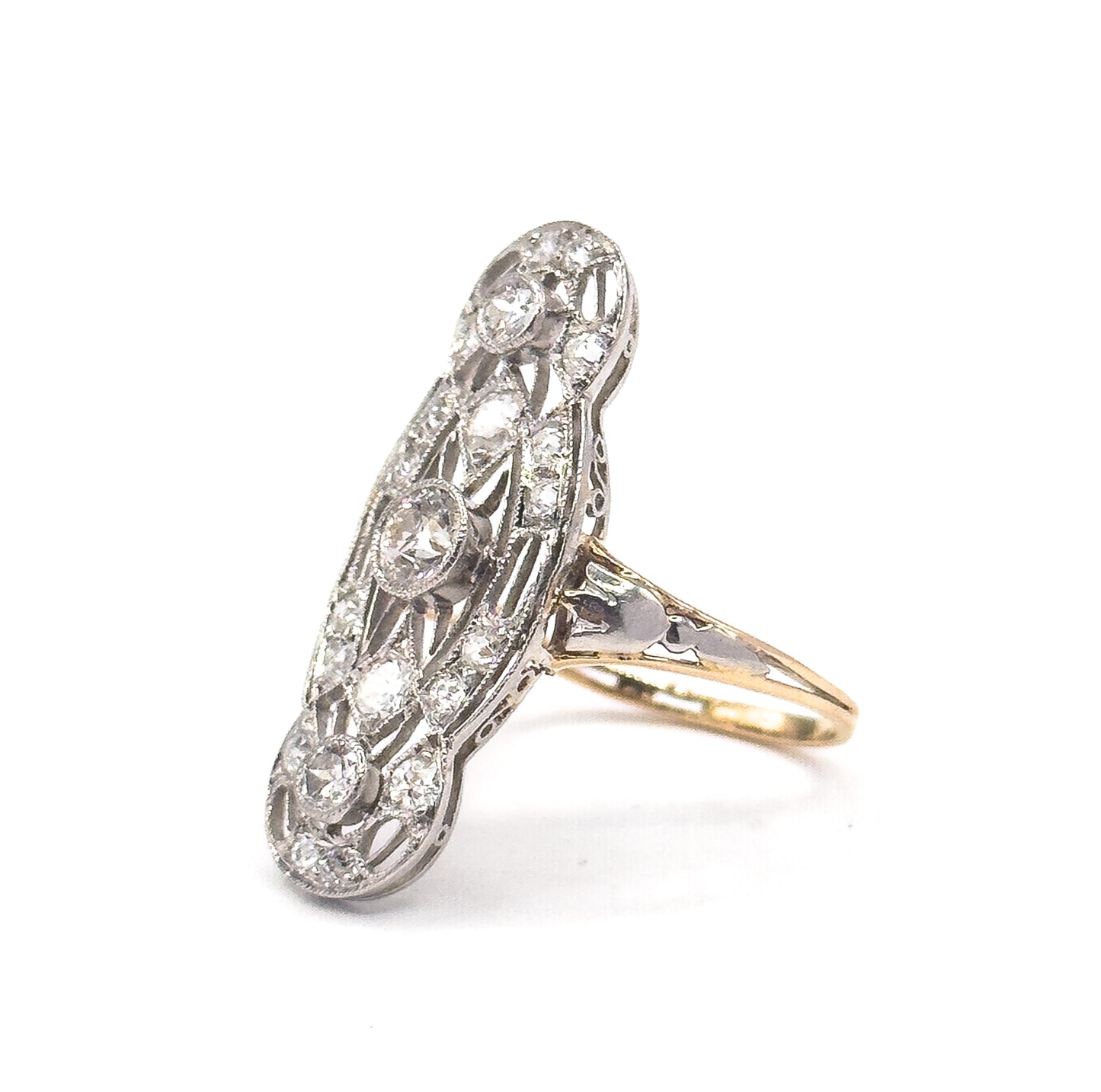 Edwardian Diamond Filigree Shield Ring in Platinum & Gold