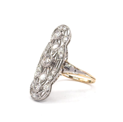 Edwardian Diamond Filigree Shield Ring in Platinum & Gold