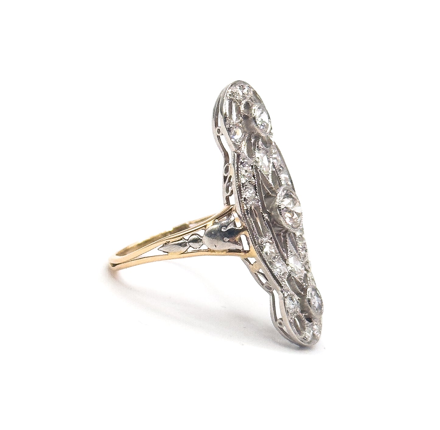 Edwardian Diamond Filigree Shield Ring in Platinum & Gold