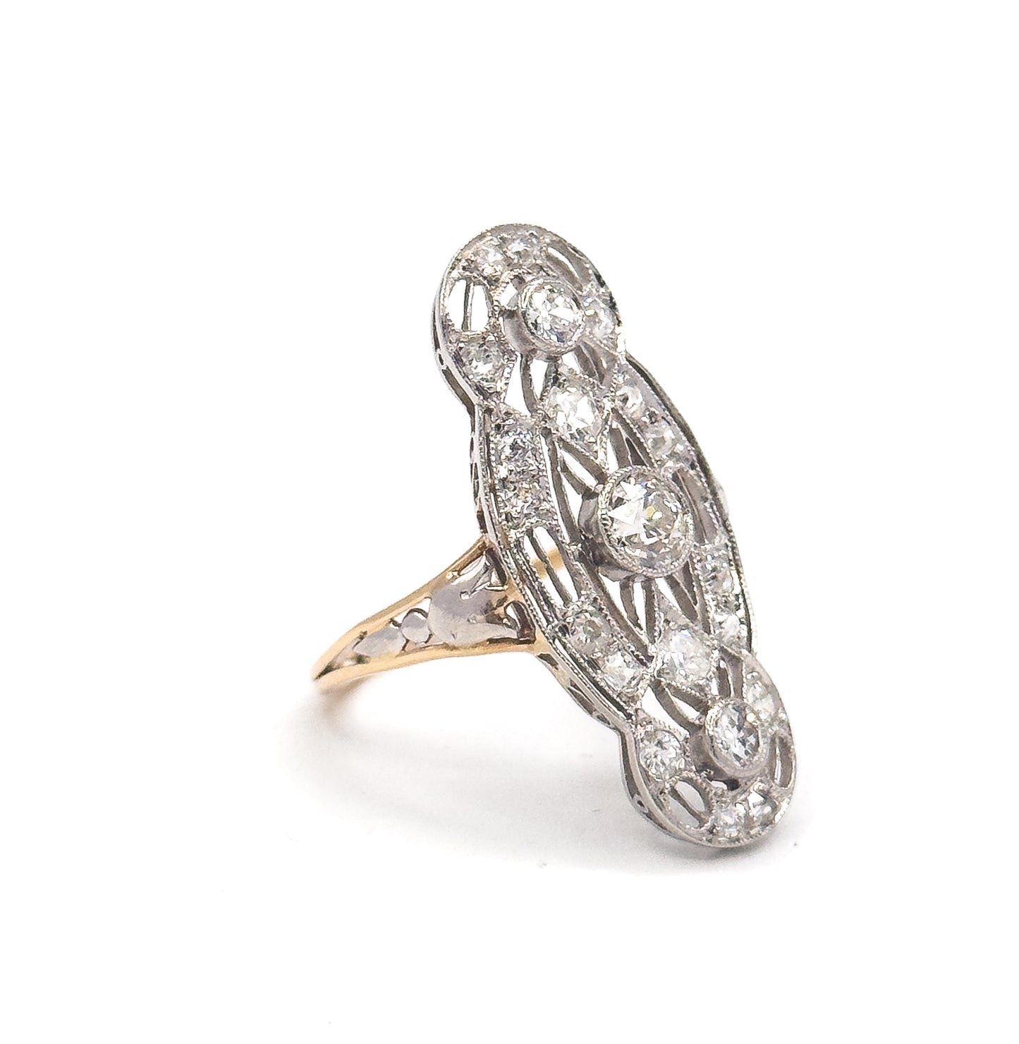 Edwardian Diamond Filigree Shield Ring in Platinum & Gold