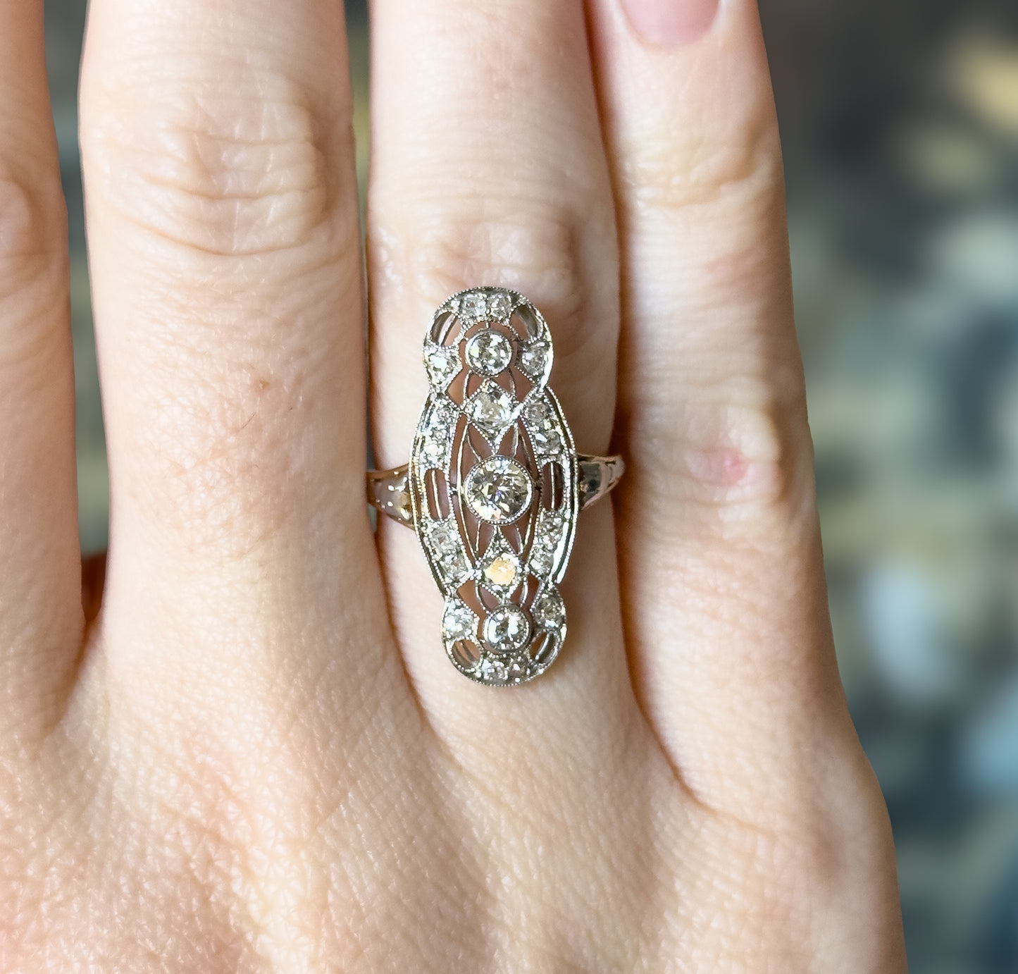 Edwardian Diamond Filigree Shield Ring in Platinum & Gold