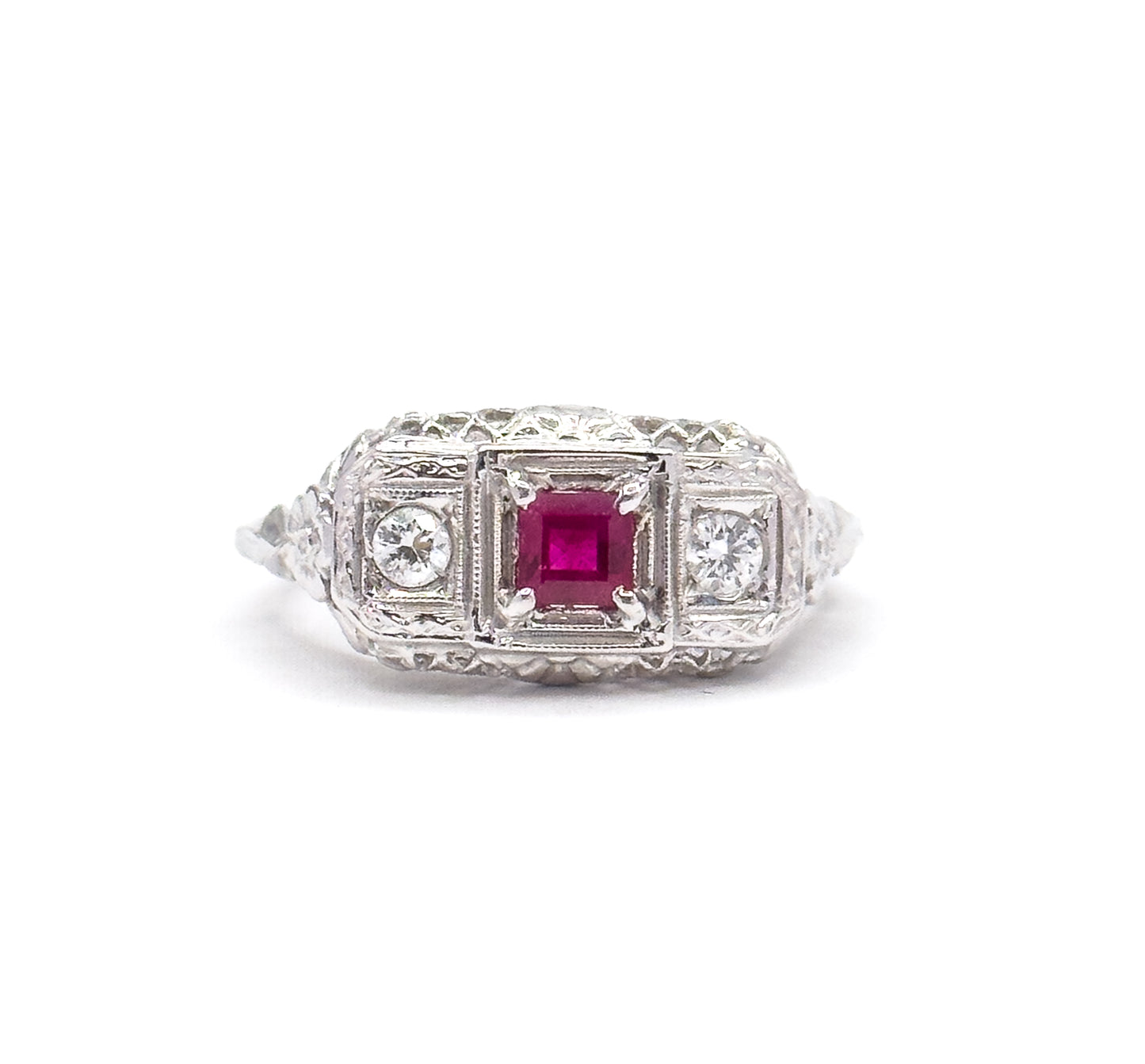 Art Deco Ruby & Diamond Filigree Ring in 18K White Gold