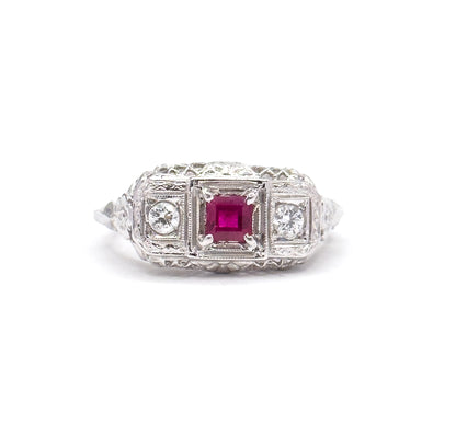 Art Deco Ruby & Diamond Filigree Ring in 18K White Gold