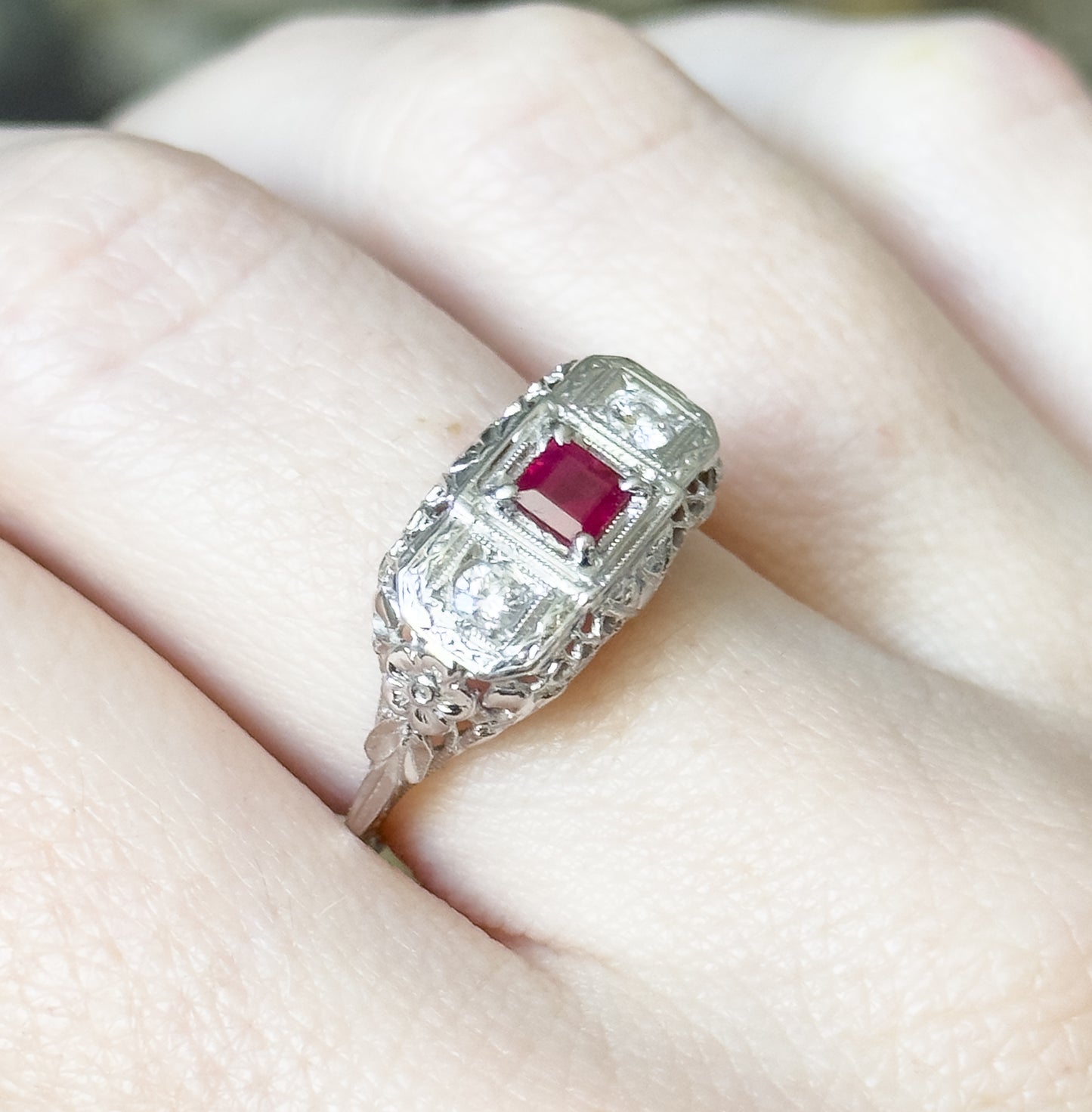 Art Deco Ruby & Diamond Filigree Ring in 18K White Gold