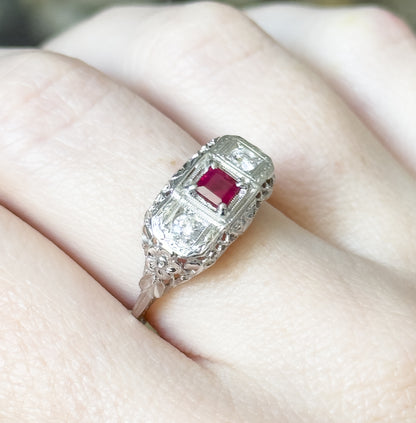 Art Deco Ruby & Diamond Filigree Ring in 18K White Gold