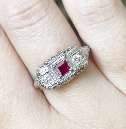 Art Deco Ruby & Diamond Filigree Ring in 18K White Gold
