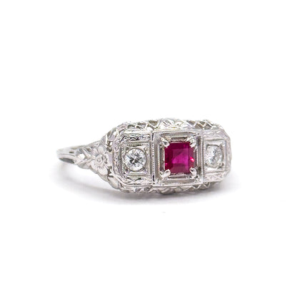 Art Deco Ruby & Diamond Filigree Ring in 18K White Gold