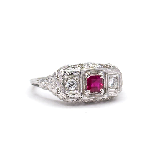 Art Deco Ruby & Diamond Filigree Ring in 18K White Gold