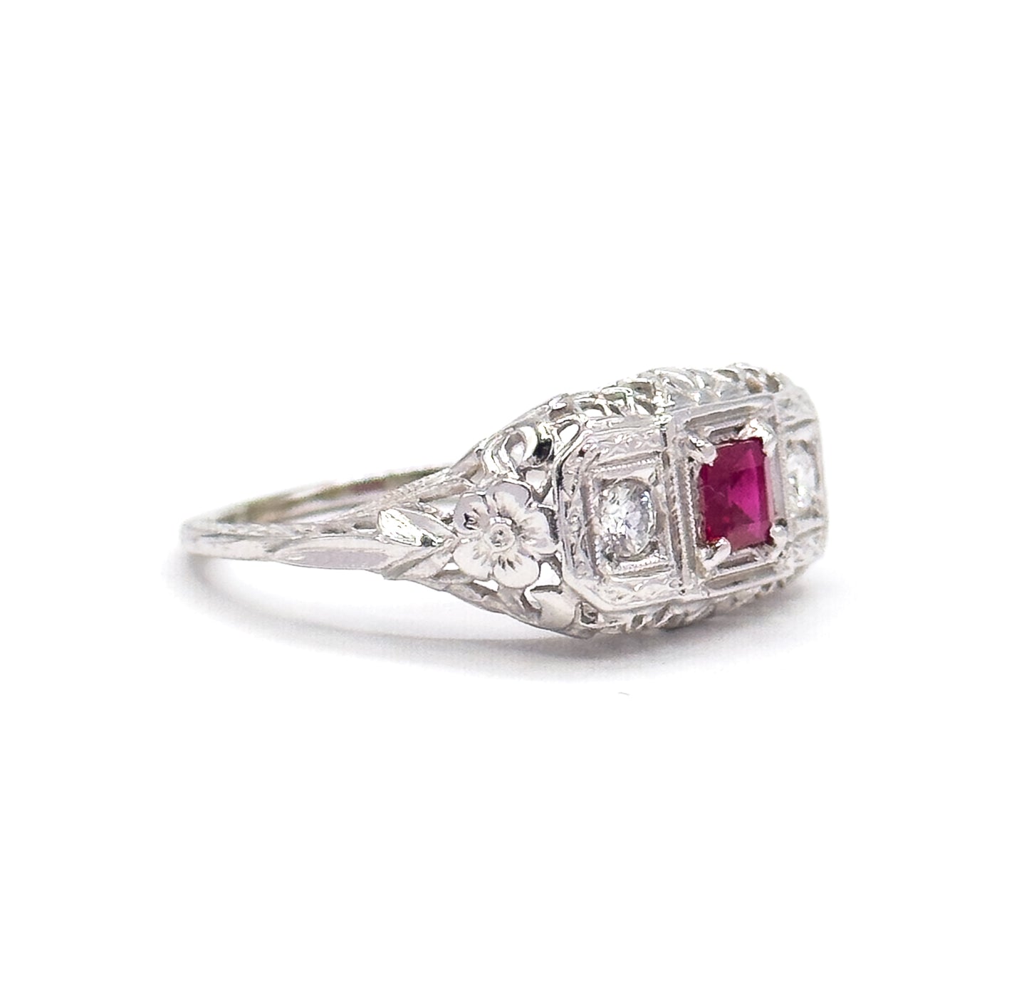 Art Deco Ruby & Diamond Filigree Ring in 18K White Gold