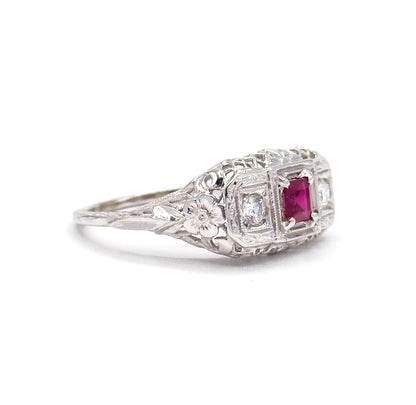 Art Deco Ruby & Diamond Filigree Ring in 18K White Gold