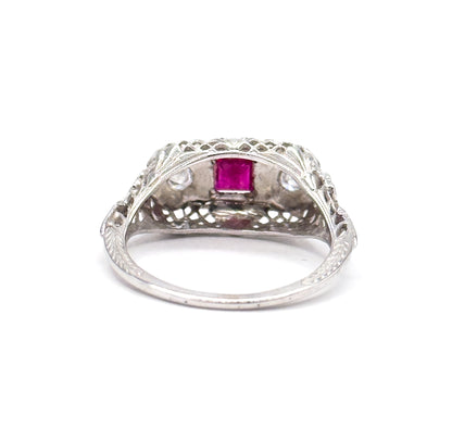 Art Deco Ruby & Diamond Filigree Ring in 18K White Gold