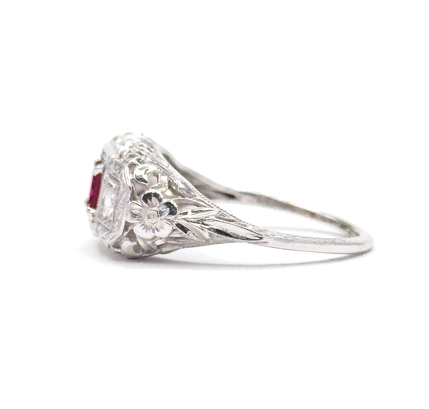 Art Deco Ruby & Diamond Filigree Ring in 18K White Gold
