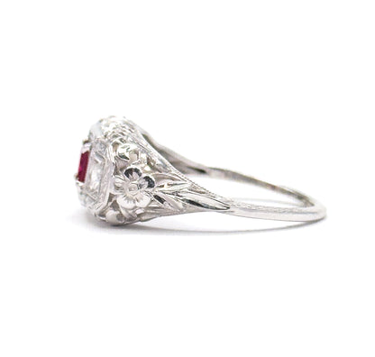 Art Deco Ruby & Diamond Filigree Ring in 18K White Gold