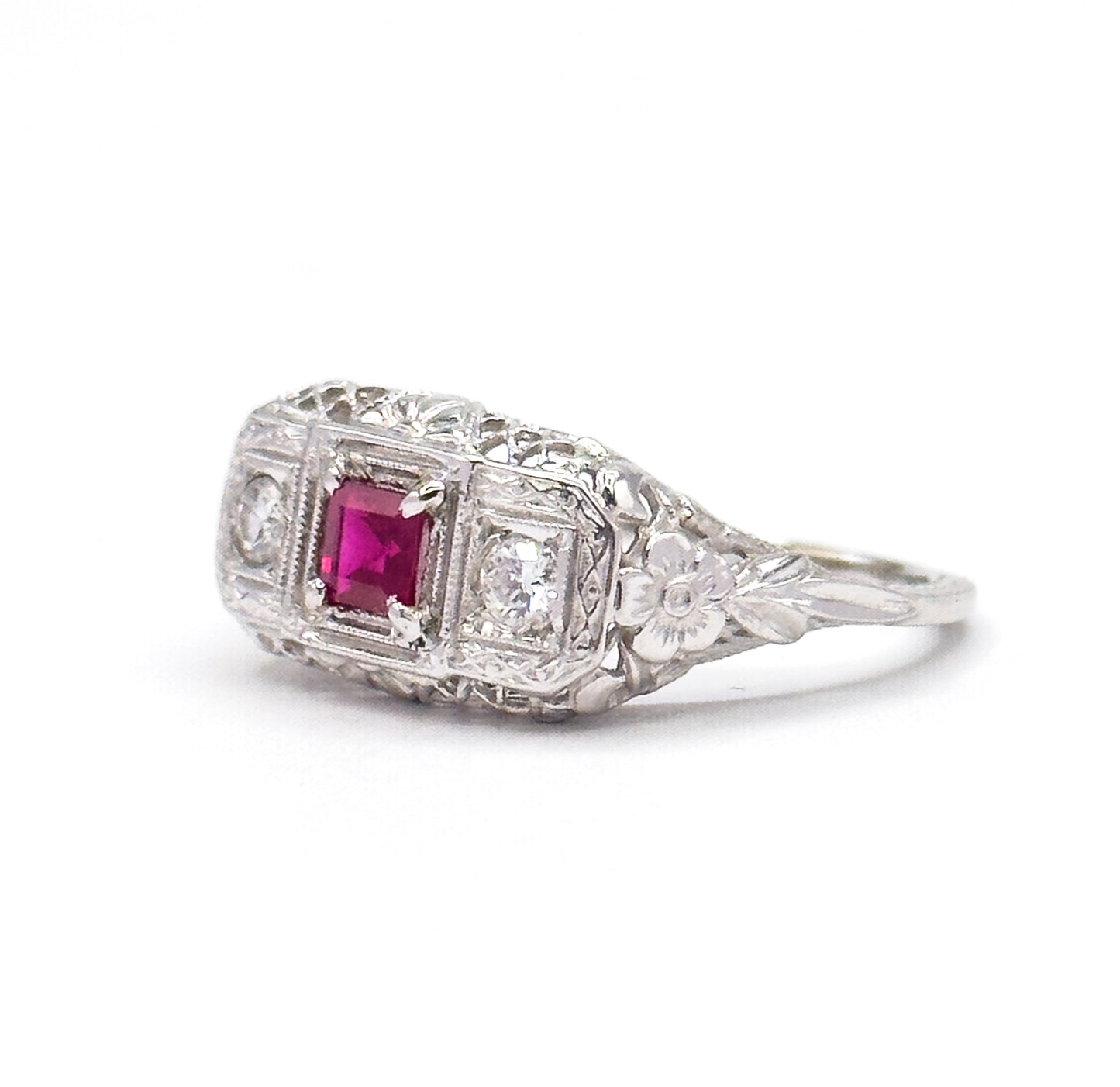 Art Deco Ruby & Diamond Filigree Ring in 18K White Gold