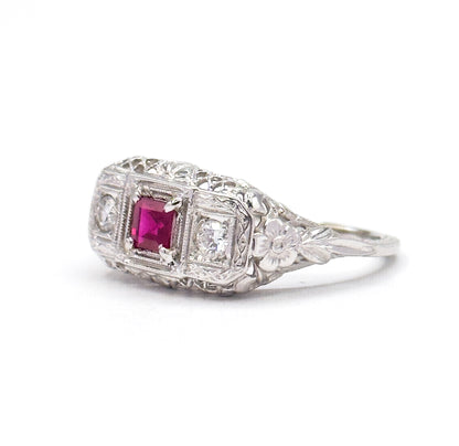 Art Deco Ruby & Diamond Filigree Ring in 18K White Gold