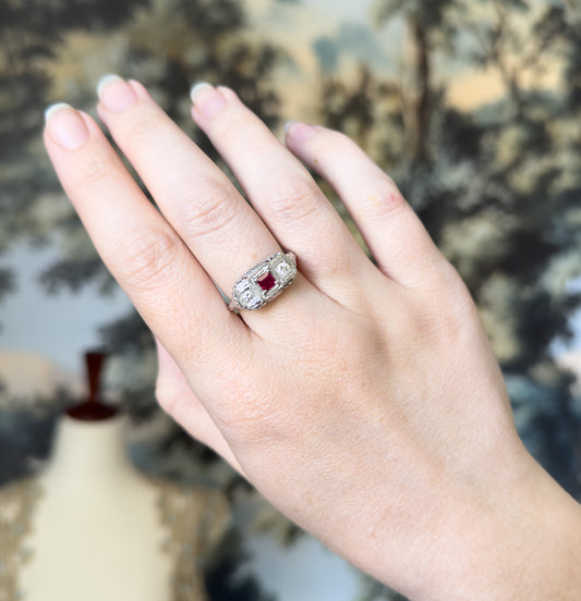 Art Deco Ruby & Diamond Filigree Ring in 18K White Gold